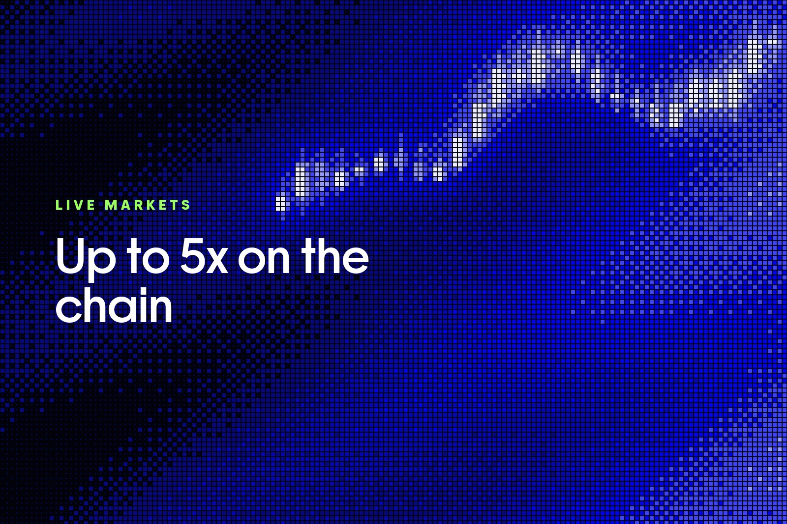 A rising candlestick chart in blue pixel dither, captioned Up to 5x on the chain