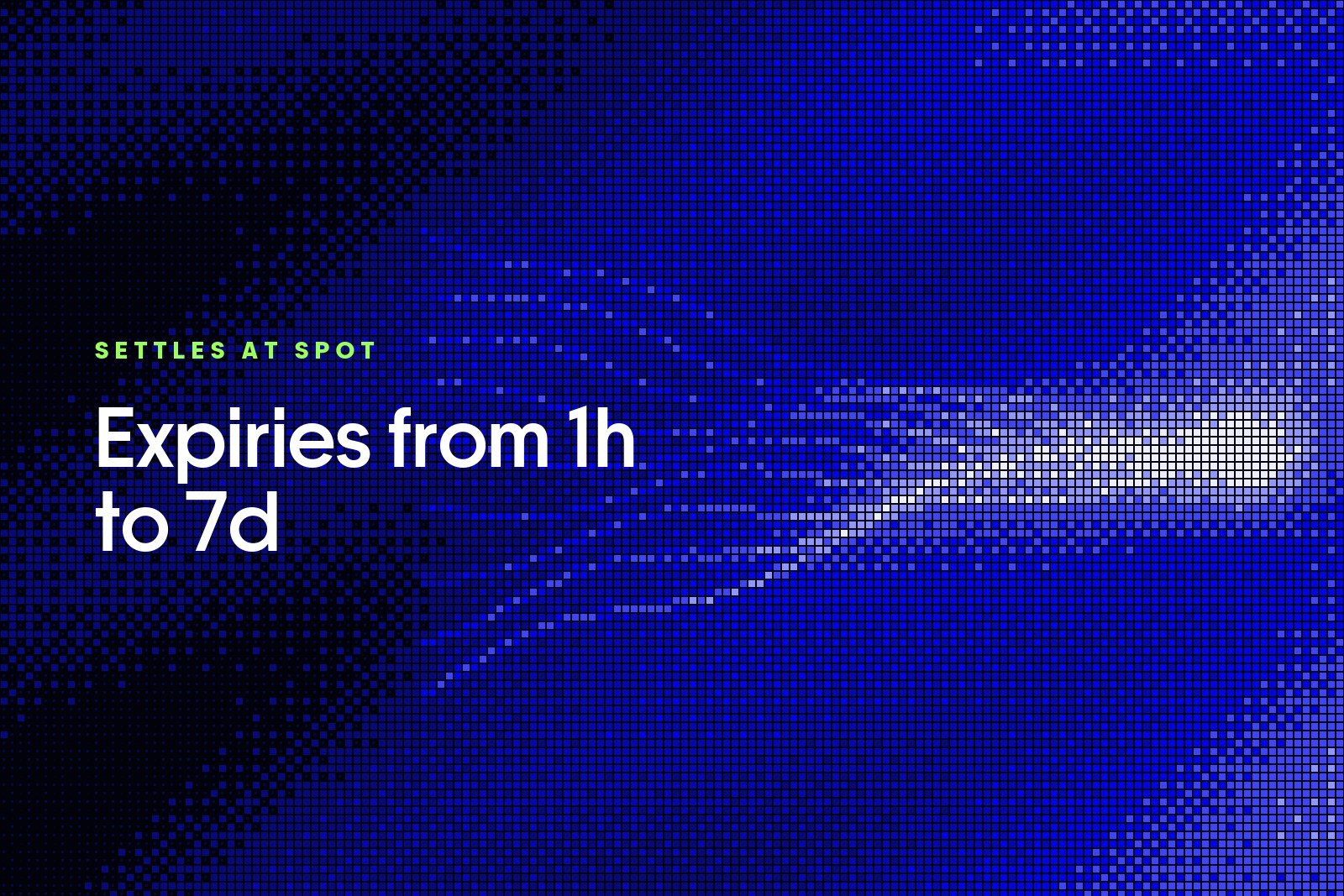Price lines converging on one point in blue pixel dither, captioned Expiries from 1h to 7d